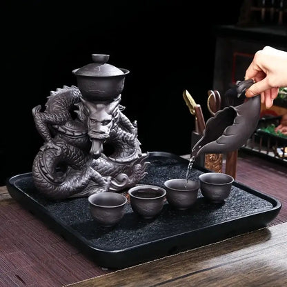 Silver dragon ceramic tea set dining room magnetic rotating teapot