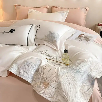 Silver floral embroidery white bedding set bedroom cotton king size
