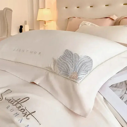 Silver floral embroidery white bedding set bedroom cotton king size