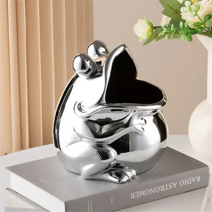 Silver green ceramic frog sculpture storage box for living room decor