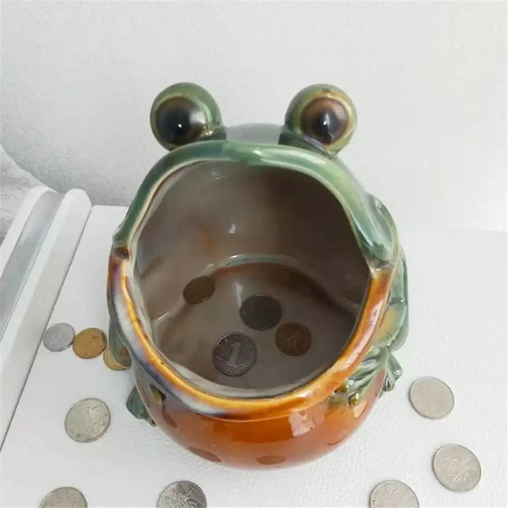 Silver green ceramic frog sculpture storage box for living room decor