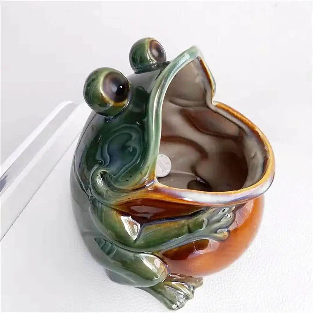 Silver green ceramic frog sculpture storage box for living room decor