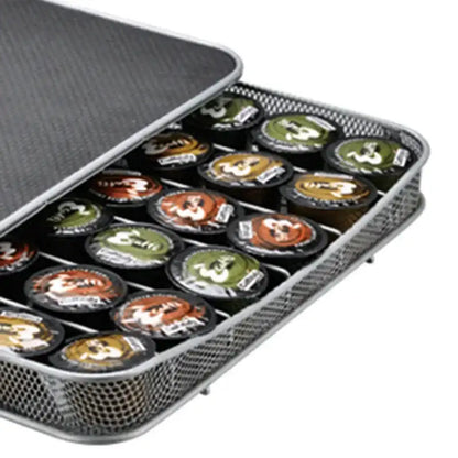 Silver metal coffee capsule storage rack kitchen mesh tray organizer