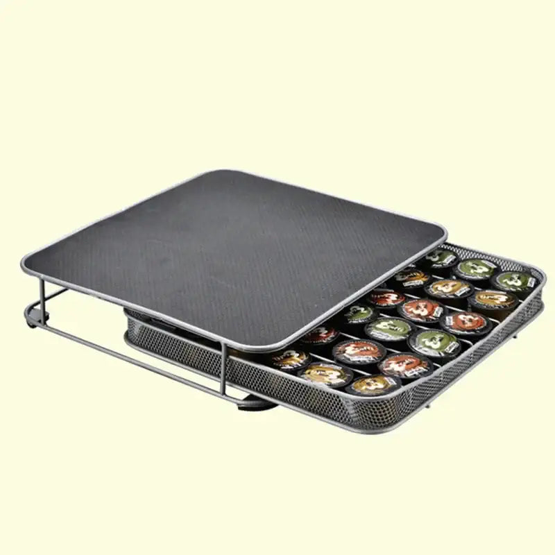 Silver metal coffee capsule storage rack kitchen mesh tray organizer