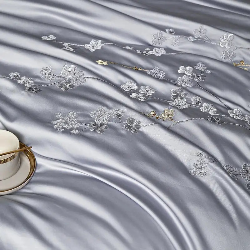 Silver satin egyptian cotton flowers embroidery bedding set bedroom