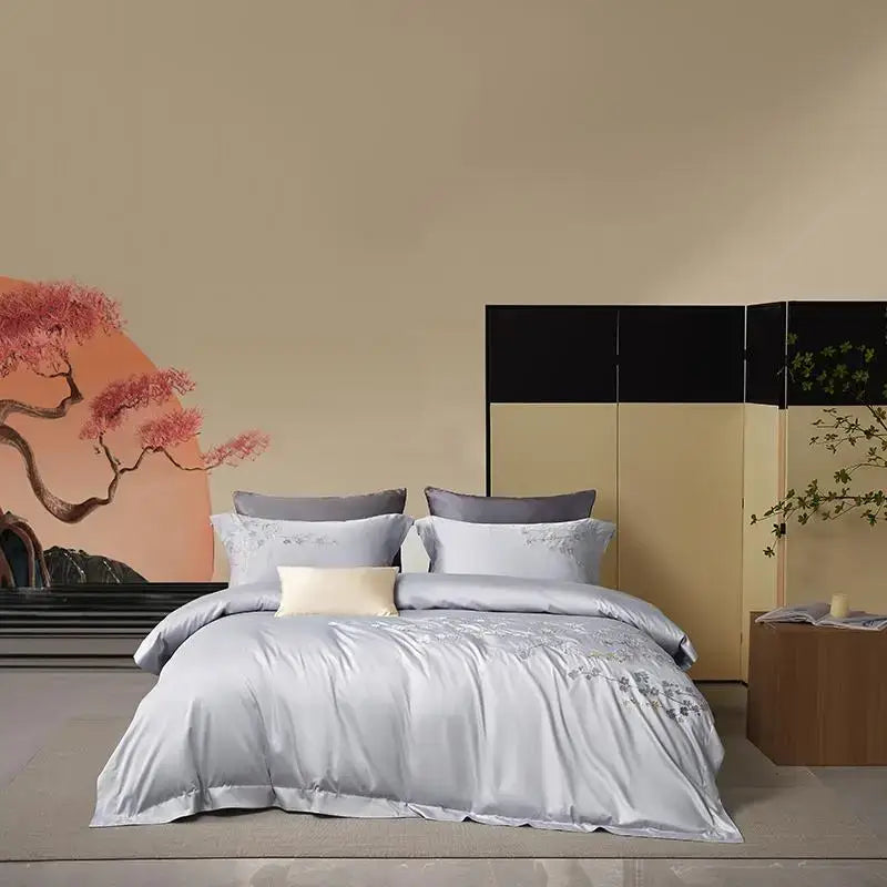 Silver satin egyptian cotton flowers embroidery bedding set bedroom