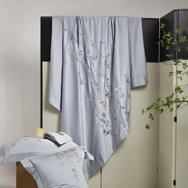 Silver satin egyptian cotton flowers embroidery bedding set bedroom