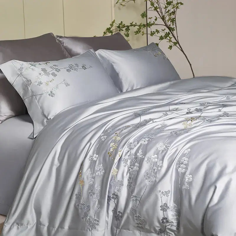 Silver satin egyptian cotton flowers embroidery bedding set bedroom