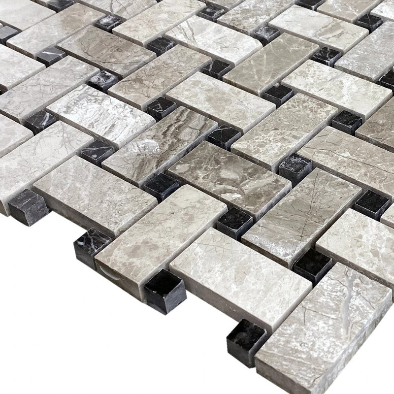 Silver Shadow Marble Basketweave Design on 12" x 12" Mesh Mosaic Tile