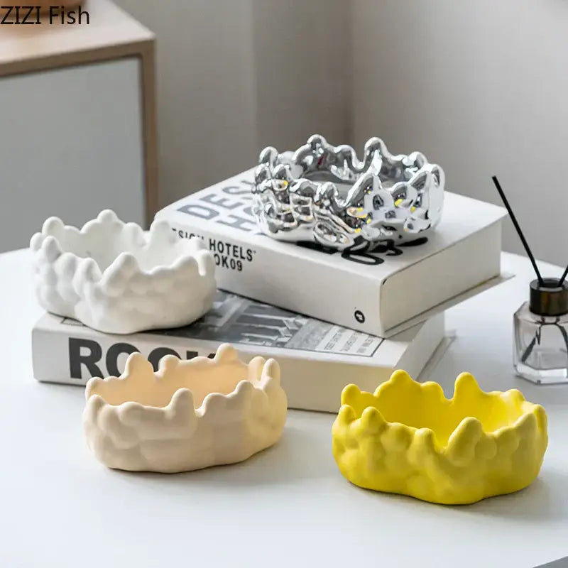Silver textured ceramic bubble clouds ashtray – office smoking accessory