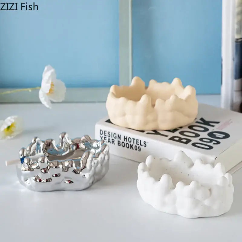 Silver textured ceramic bubble clouds ashtray – office smoking accessory