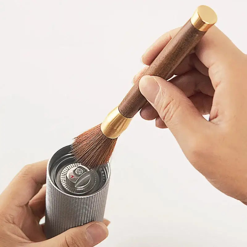 Silver textured espresso brush with wooden handle for kitchen cleaning