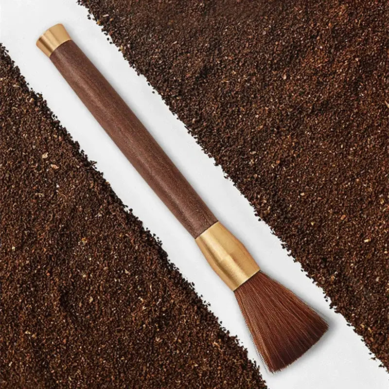 Silver textured espresso brush with wooden handle for kitchen cleaning
