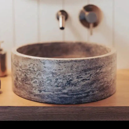 Handcrafted Silver Travertine Vessel Sink Polished Natural Stone Bathroom Basin 16 Inch