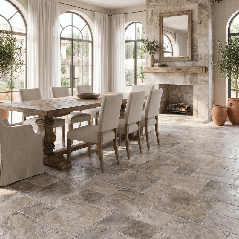 Silver Antique French Pattern Set Travertine Tile-Tumbled
