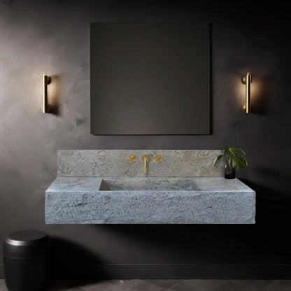 Gray Travertine Wall Mount Bathroom Sink With Backsplash