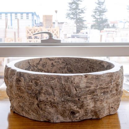 Silver Travertine Rustic Stone Vessel Sink Honed Interior Hand Chiseled Exterior (D)16" (H)6"