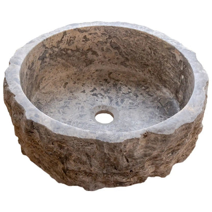 Round Travertine Stone Vessel Sink With Hand Chiseled Honed Edge