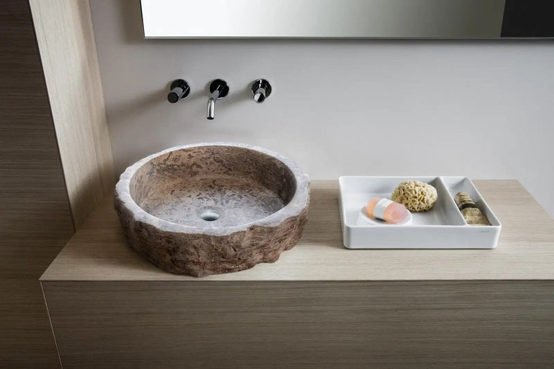 Round Travertine Stone Vessel Sink With Hand Chiseled Honed Edge