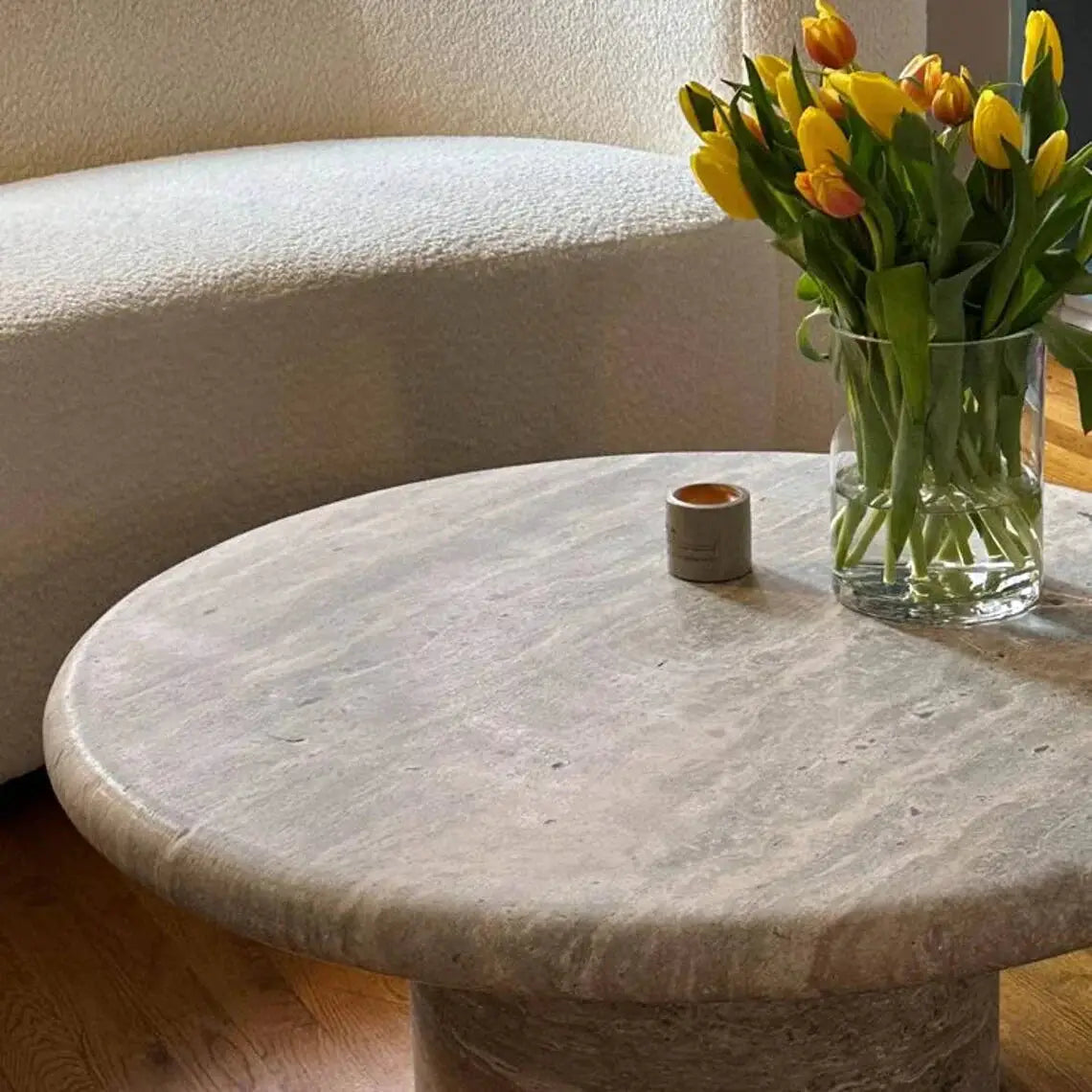 Travertine Round Coffee Table 36x16 inch - Silver Vein Cut Honed