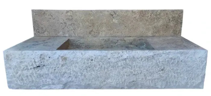 Gray Travertine Wall Mount Bathroom Sink With Backsplash