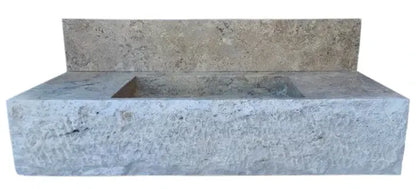 Gray Travertine Wall Mount Bathroom Sink With Backsplash