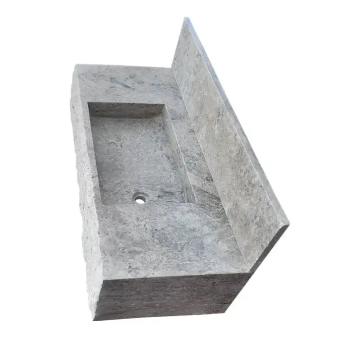 Gray Travertine Wall Mount Bathroom Sink With Backsplash
