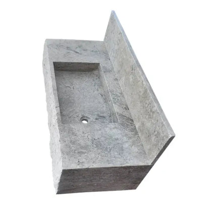 Gray Travertine Wall Mount Bathroom Sink With Backsplash