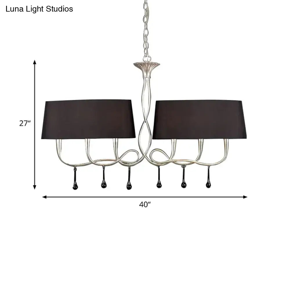 Silver twisted metal island chandelier with dark brown dining room shades