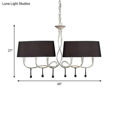 Silver twisted metal island chandelier with dark brown dining room shades