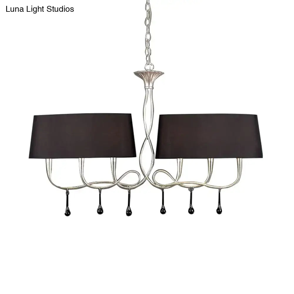 Silver twisted metal island chandelier with dark brown dining room shades