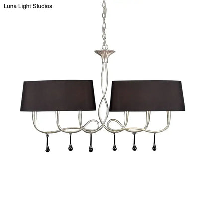 Silver twisted metal island chandelier with dark brown dining room shades