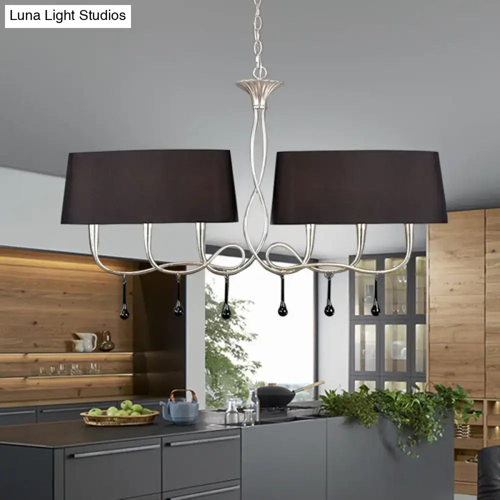 Silver twisted metal island chandelier with dark brown dining room shades