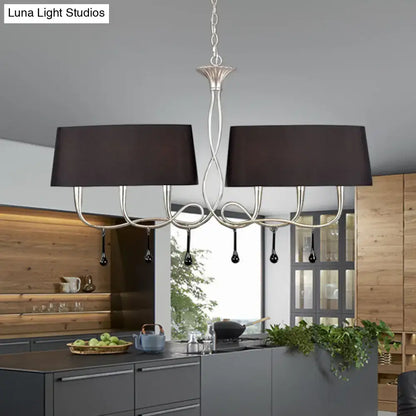 Silver twisted metal island chandelier with dark brown dining room shades