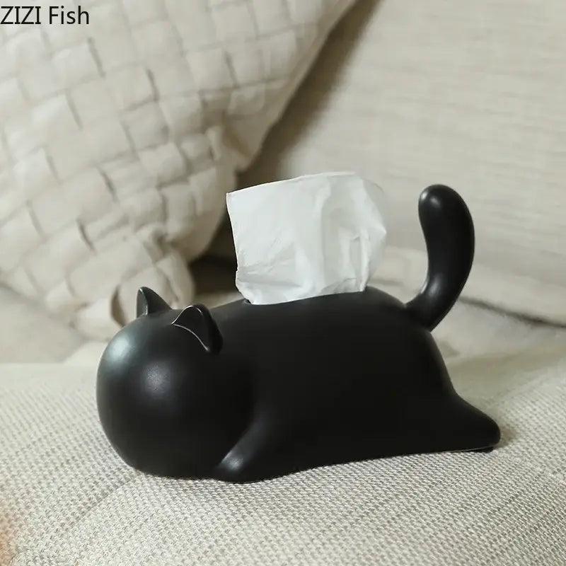 Silver & yellow cat ceramic tissue box living room decor