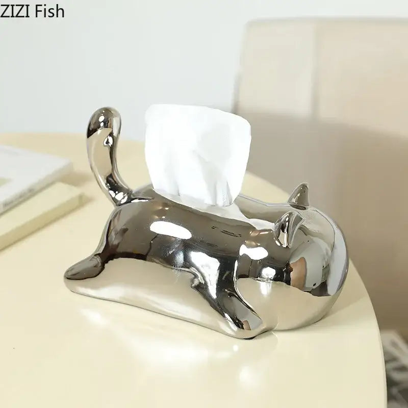 Silver & yellow cat ceramic tissue box living room decor
