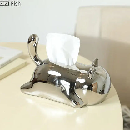 Silver & yellow cat ceramic tissue box living room decor