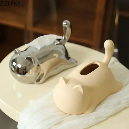 Silver & yellow cat ceramic tissue box living room decor