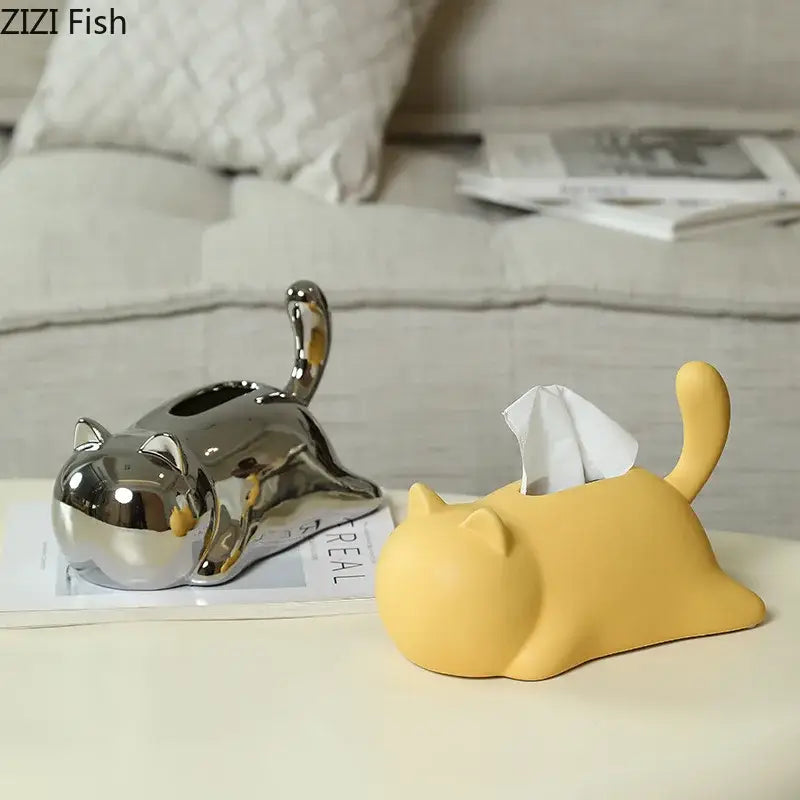 Silver & yellow cat ceramic tissue box living room decor
