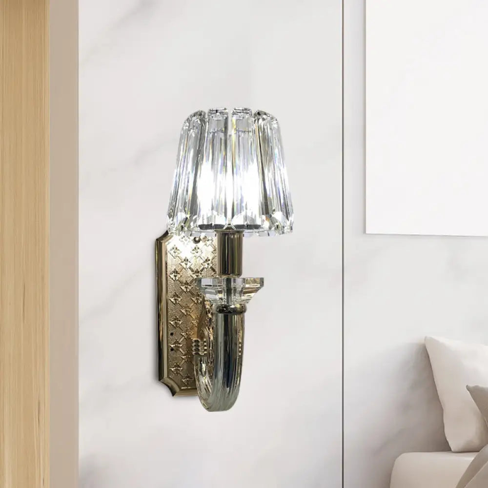 DecorBites™ Simple Clear Crystal Tapered Cone Sconce Light Fixture - Elegant 1-Bulb Wall Lighting Idea for Bedrooms