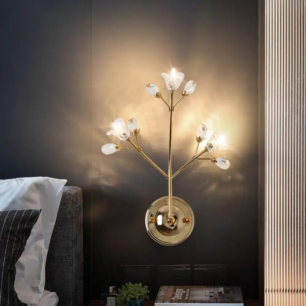 Simple gold crystal flowers wall sconce bedroom branch light fixture