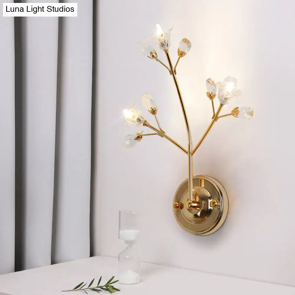 Simple gold crystal flowers wall sconce bedroom branch light fixture