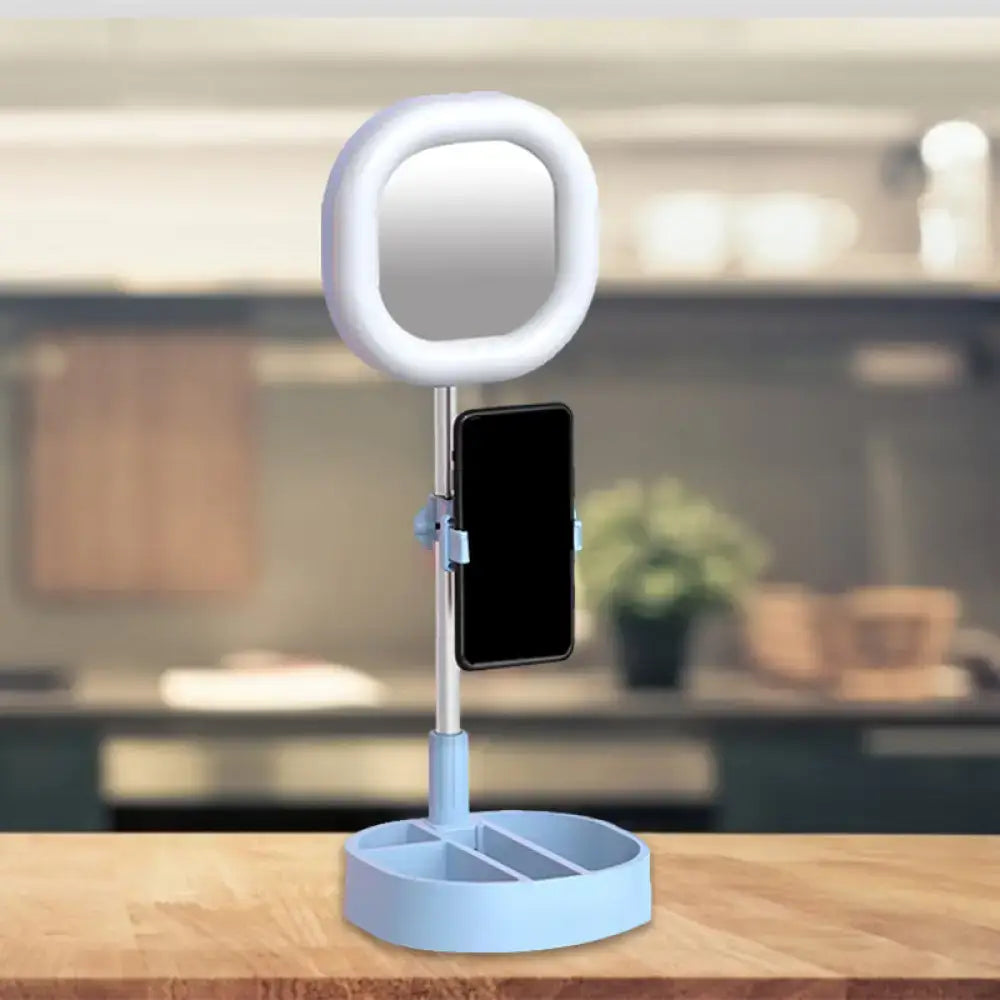Simple light blue led mirror light bedroom vanity with phone holder
