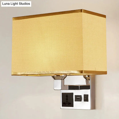 DecorBites™ Simple Single White/Flaxen Fabric Rectangle Wall Light with USB Charging Port and 3-Hole Socket