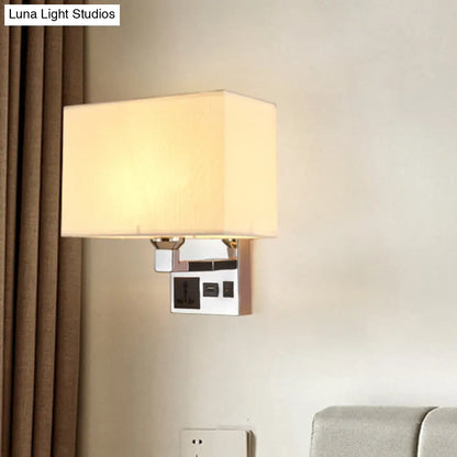 DecorBites™ Simple Single White/Flaxen Fabric Rectangle Wall Light with USB Charging Port and 3-Hole Socket