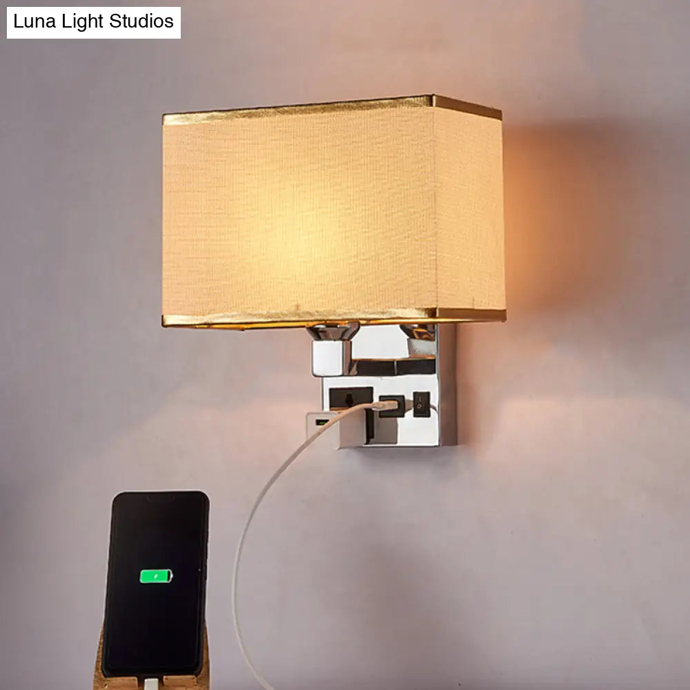 DecorBites™ Simple Single White/Flaxen Fabric Rectangle Wall Light with USB Charging Port and 3-Hole Socket