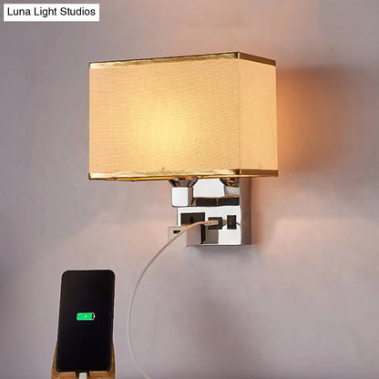 DecorBites™ Simple Single White/Flaxen Fabric Rectangle Wall Light with USB Charging Port and 3-Hole Socket