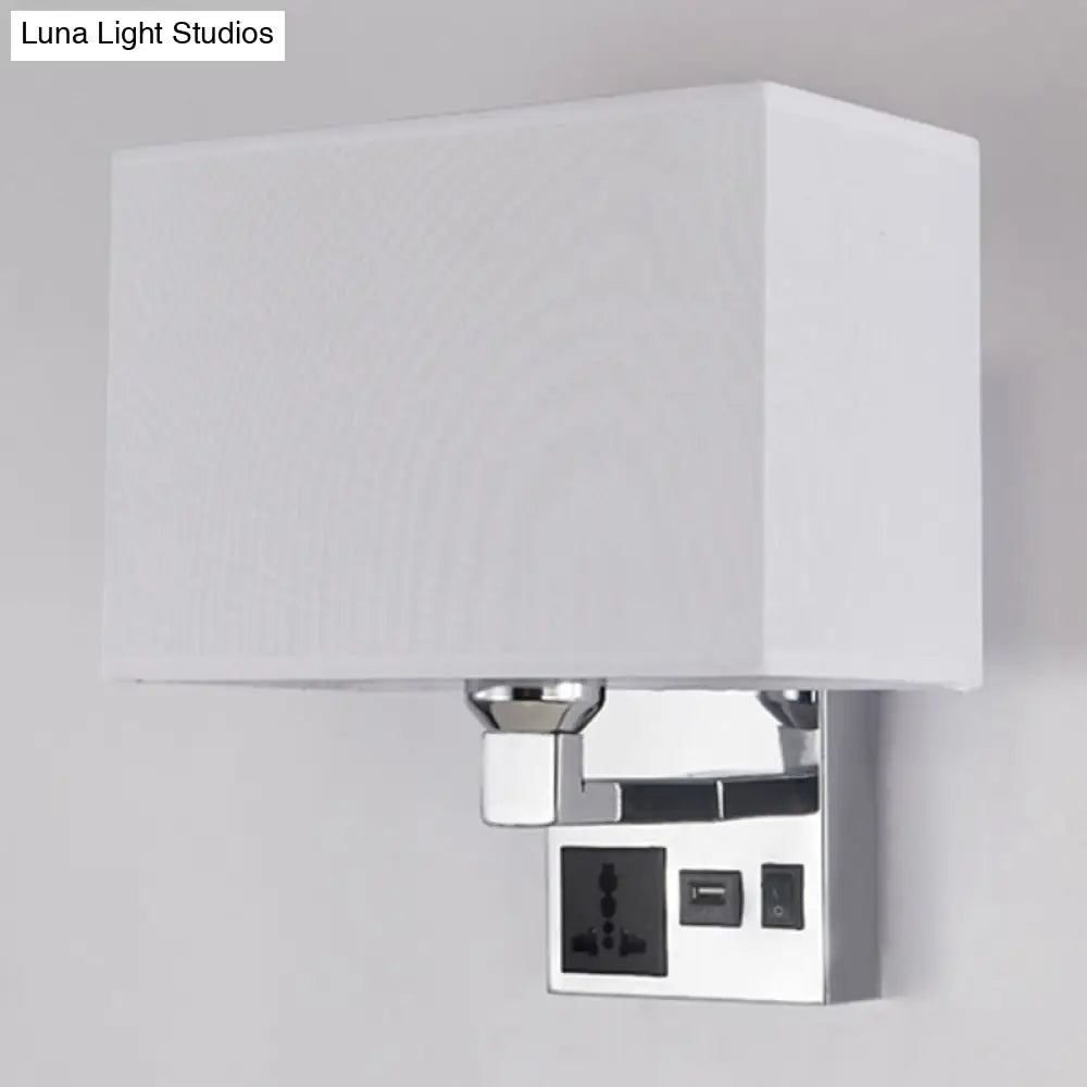 DecorBites™ Simple Single White/Flaxen Fabric Rectangle Wall Light with USB Charging Port and 3-Hole Socket