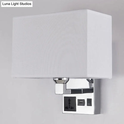 DecorBites™ Simple Single White/Flaxen Fabric Rectangle Wall Light with USB Charging Port and 3-Hole Socket