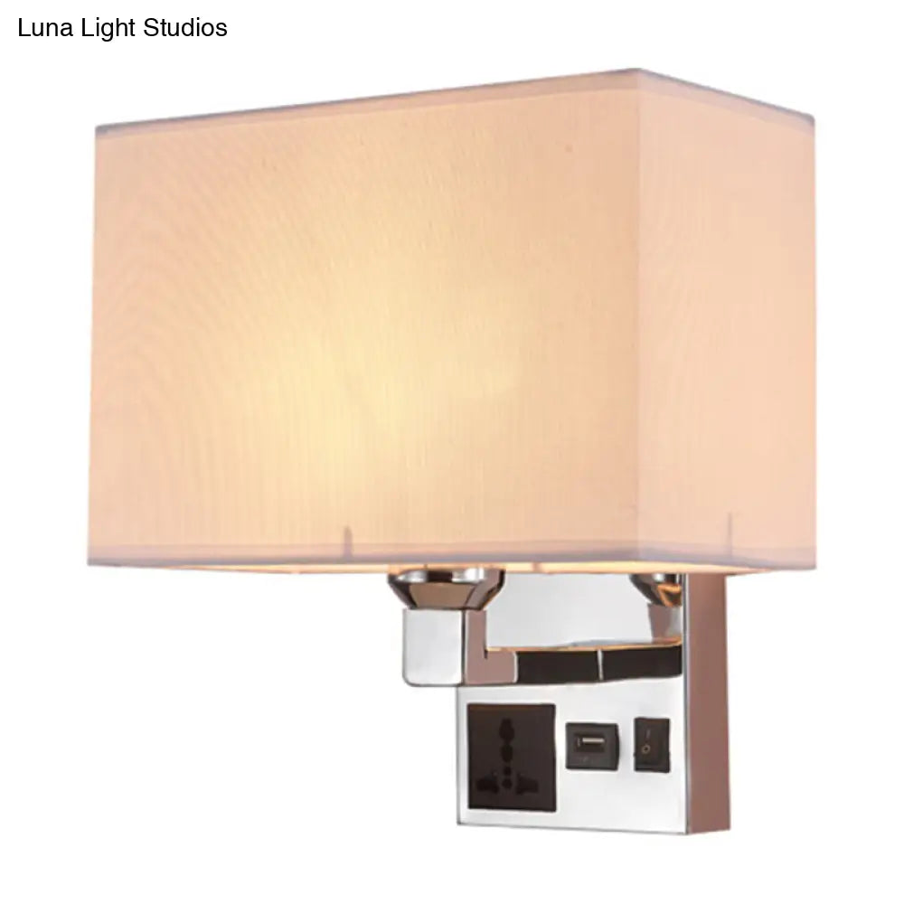 DecorBites™ Simple Single White/Flaxen Fabric Rectangle Wall Light with USB Charging Port and 3-Hole Socket